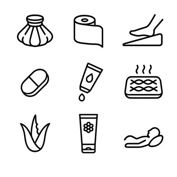 Bruise Treatment Icons. Outline icon set of bruise treatment and care: ice pack, compression bandage, elevation wedge, painkiller