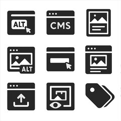 Content Management Icons. Solid, filled icons set of content management for accessibility: alt input box, CMS