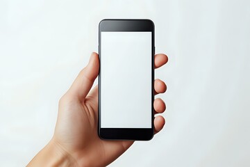 Caucasian female hand holding black smartphone with blank white screen mockup on light background, ready for app or website presentation.