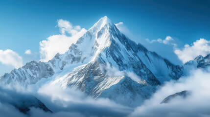 Obraz premium a majestic snow-covered mountain peak glowing under the morning sun with a vibrant clear blue sky in the background