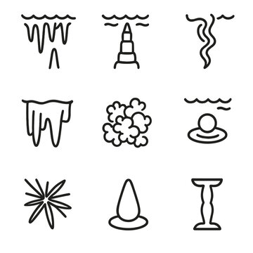 Submerged Cave Formations Icons. Outline icon set of speleothems in submerged caves: stalactite cluster, stalagmite tower,