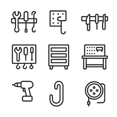 Tool Storage Icons. Outline icon set of tool storage solutions: tool rack, peg hook, magnetic strip, wall organizer, tool chest,