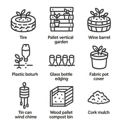 Upcycled Garden Icons. Outline icon set of upcycled garden products: tire planter, pallet vertical garden, wine barrel tub,