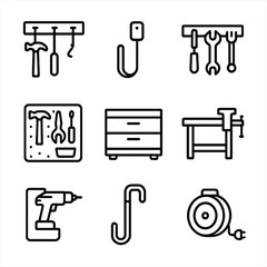Tool Storage Icons. Outline icon set of tool storage solutions: tool rack, peg hook, magnetic strip, wall organizer, tool chest,
