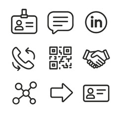 Networking Icon Set. Outline icon set of networking activities: name badge, elevator pitch bubble, LinkedIn icon, phone exchange,