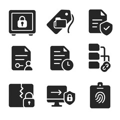 Digital Evidence Icons. Solid, filled icons set of digital evidence management: digital vault, evidence tag,