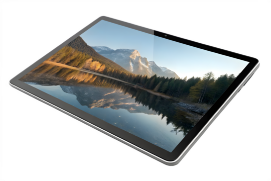 Tablet displaying a stunning landscape reflection with mountains and water scenery