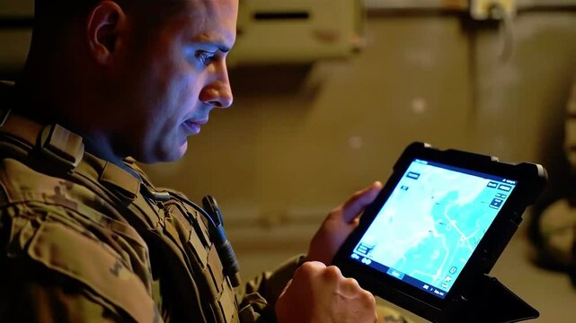 Soldier in desert camo checking digital map on tablet in bunker