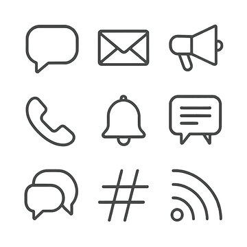 Communication Icons Grid. Outline icon set of communication channels: speech bubble, email envelope, megaphone, phone handset,