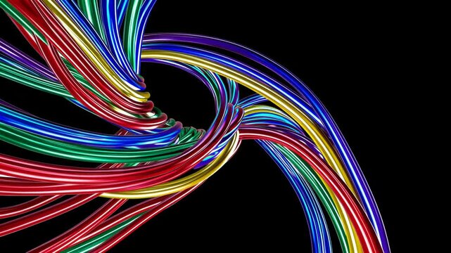 Colorful twisting wires create a vibrant display of motion in a black background