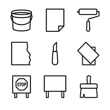 Stencil Art Tools. Outline icon set of stencil and paste-up art: wheatpaste bucket, poster sheet, glue roller, tearing edge,