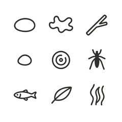 Riverbed Ecosystem Icons. Outline icon set of clear riverbed ecosystem: smooth pebble, algae patch, stick, small stone, water