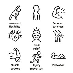 Naklejka na ściany i meble Stretching Benefits Icons. Outline icon set of stretching benefits icons: increased flexibility, improved posture, reduced