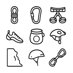 Rock Climbing Icons. Outline icon set of rock climbing expedition: climbing rope, carabiner, harness, climbing shoe, chalk bag,