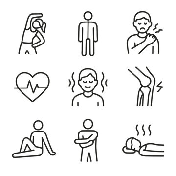 Stretching Benefits Icons. Outline icon set of stretching benefits icons: increased flexibility, improved posture, reduced