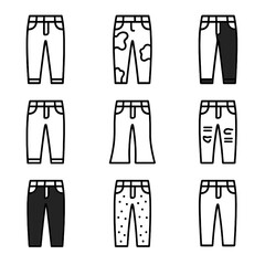 Seasonal Denim Icons Grid. Outline icon set of seasonal denim trends: light wash spring, pastel dye summer, mid wash autumn, dark
