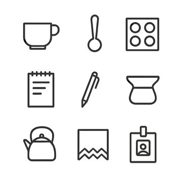 Tea Tasting Icons. Outline icon set of tea tasting event: tasting cup, flavor sampler spoon, tasting mat, notepad, pen, spittoon