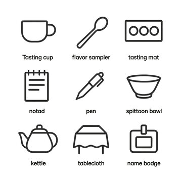 Tea Tasting Icons. Outline icon set of tea tasting event: tasting cup, flavor sampler spoon, tasting mat, notepad, pen, spittoon