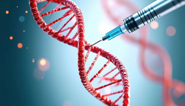 A syringe injects into a red DNA double helix, symbolizing gene editing or genetic engineering in a scientific context.