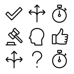 Fototapeta premium Decision Making Icons. Outline icon set of instant decision making: checkmark, crossroads, stopwatch, gavel, head silhouette,