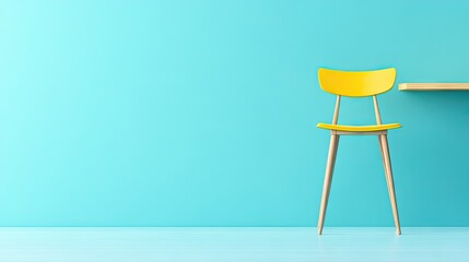 Yellow chair against a light teal wall.