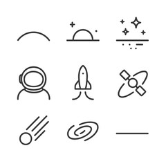Fototapeta premium Space Outline Icons. Outline icon set of space and celestial horizons: planet curvature, moonrise arc, starfield gradient,
