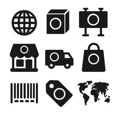 Global Brand Icons. Solid, filled icons set of global brands: brand logo, product box, billboard, storefront,