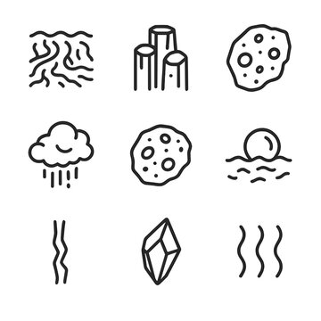 Volcanic Rock Icon Set. Outline icon set of volcanic rock surfaces: lava flow, basalt column, pumice fragment, ash cloud, scoria