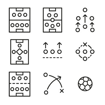 Tactical Formation Icons. Outline icon set of tactical formations: 4-4-2 layout, 3-5-2 setup, 4-3-3 diagram, diamond midfield,