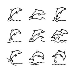 Obraz premium Dolphin Jump Icon Set. Outline icon set of dolphin jump behaviors: breach jump, porpoising run, tail-slap exit, spin leap, bow