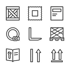 Fototapeta premium Transport Packaging Icons. Outline icon set of transport and packaging: crate box, foam padding, shipping label, pallet, strapping
