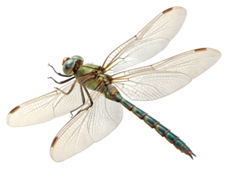 Detailed realistic illustration of a vibrant dragonfly with translucent wings on black background