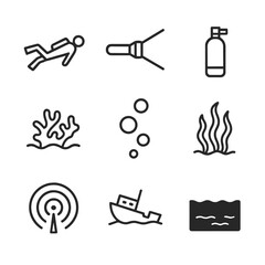 Underwater Infiltration Icons. Outline icon set of underwater night infiltration: diver silhouette, flashlight beam, scuba tank,
