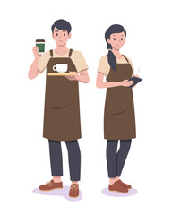 Flat style coffee barista couple cartoon illustration