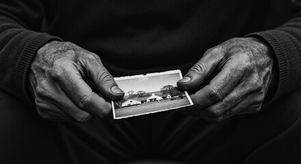 Elderly man holding old photograph and reflecting on memories