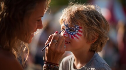 Obraz premium Kid getting face paint with American flag design at a summer festival celebration in the afternoon