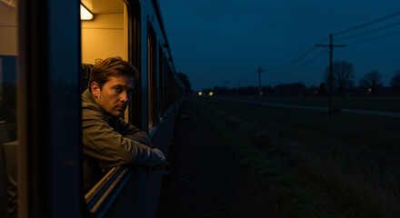Young man looking out of train window at night countryside