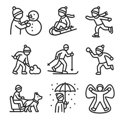 Naklejka premium Winter Activity Icons. Outline icon set of winter activity scenes: building snowman, child sledding, ice skating, shoveling snow,