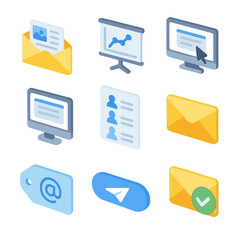 Email Marketing Icons. Isometric Flat icon set of email marketing: newsletter, open rate graph, click-through arrow, email