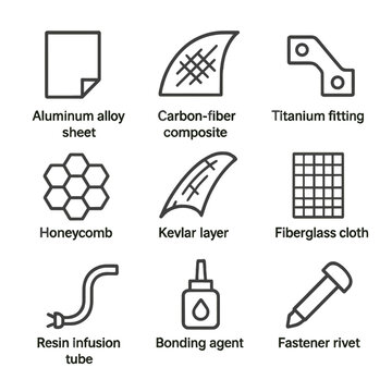 Wing Material Icons. Outline icon set of wing materials and construction: aluminum alloy sheet, carbon‐fiber composite, titanium