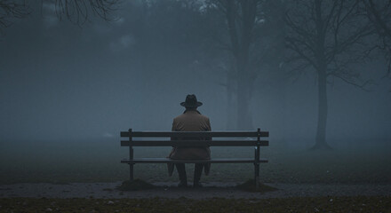 Man sitting alone on bench in foggy park during evening