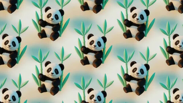 Seamless pattern of adorable panda bears relaxing amidst vibrant green bamboo shoots.