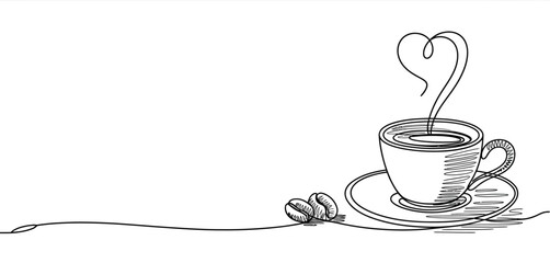Single Line Drawing of Coffee Cup with Heart Steam
