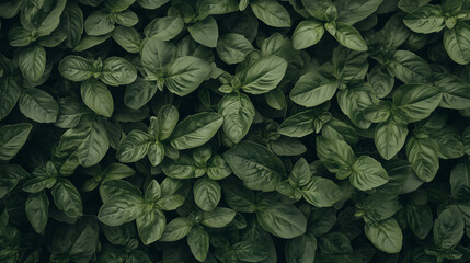 A lush, textured image of densely packed dark green basil leaves.  Perfect for backgrounds, nature themes, or culinary projects. The rich, deep tones create a moody and sophisticated feel.
