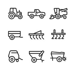 Farm Equipment Icons. Outline icon set of farm vehicles and equipment: tractor, pickup truck, combine harvester, trailer, plow,