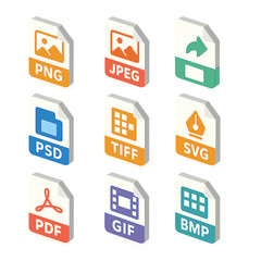 Fototapeta premium File Format Icons. Isometric Flat icon set of export and file formats: PNG file, JPEG file, PSD file, TIFF file, SVG file, PDF