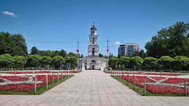 CHISINAU, MOLDOVA - JUNE 20, 2025 The Metropolitan Cathedral Nativity of the Lord with the bell tower, architectural centerpiece of moldovan capital. Summer season beautiful view to the landmark