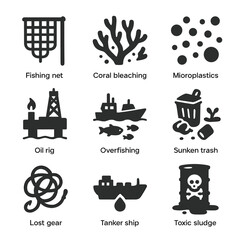 Ocean Degradation Icons. Solid, filled icons set of ocean degradation: fishing net, coral bleaching,