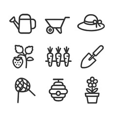 Fototapeta premium Garden Icon Set. Outline icon set of garden play shoots: watering can, wheelbarrow, sun hat, strawberry plant, carrot patch,