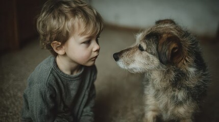 A toddler and a scruffy dog sit face to face sharing a quiet moment.